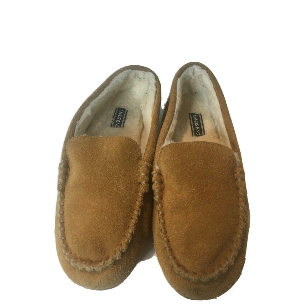 Lands End Women's Brown Suede Moccasin Slippers 6 Faux Fur Lined Rubber Sole